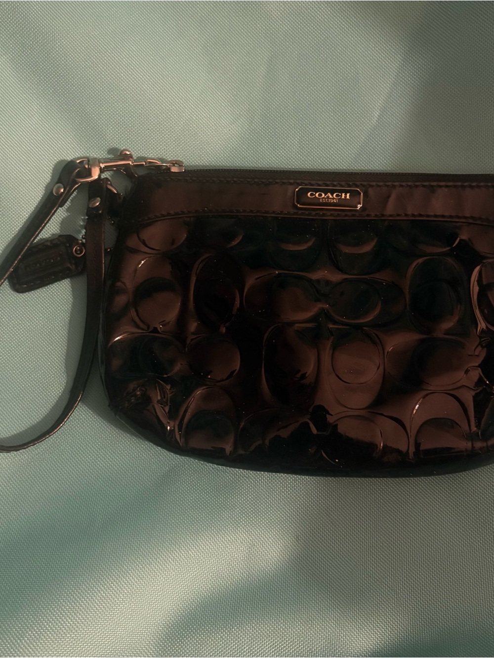 #27 Coach Black Patent Signature Wristlet Clutch